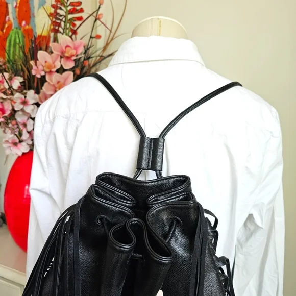 Victoria's Secret Black Vegan Leather Fringe Backpack Handbag Shoulder Bag NWT - Picture 8 of 15